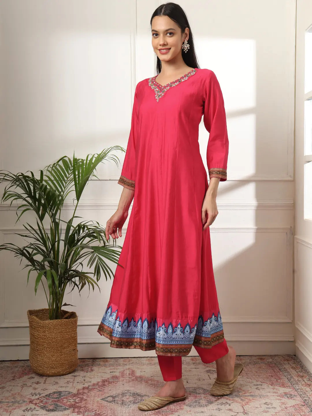 Yufta Pink Anarkali Silk Blend Kurta Set With Pant And Dupatta With Cotton Lining 