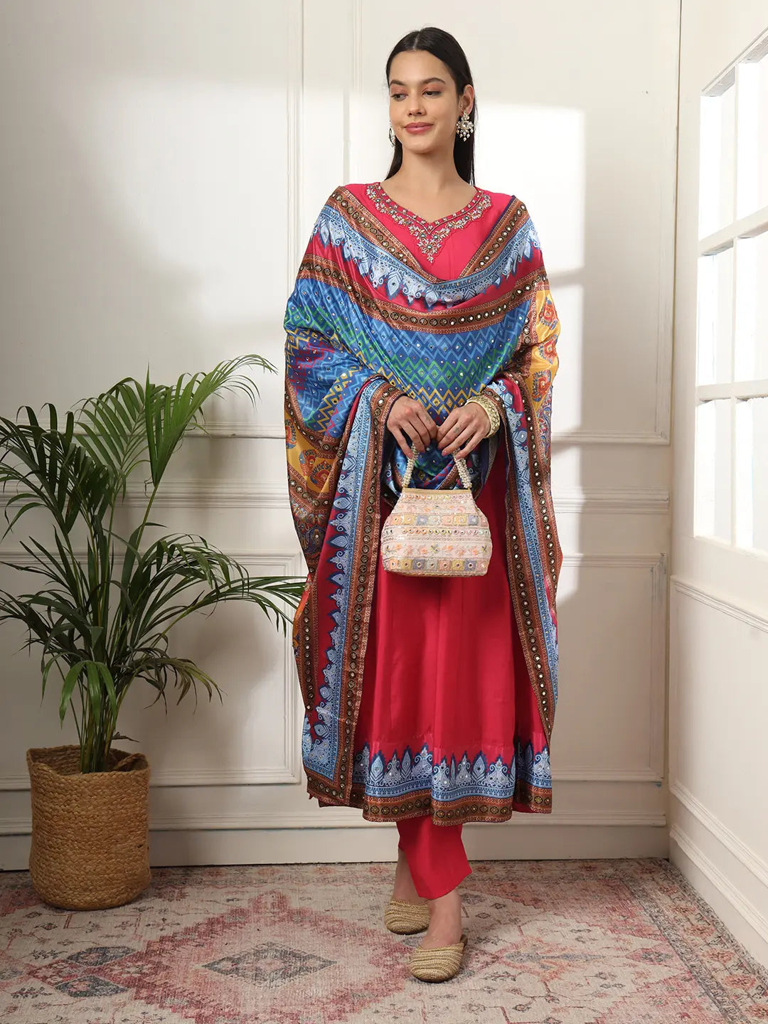 Yufta Pink Anarkali Silk Blend Kurta Set With Pant And Dupatta With Cotton Lining 