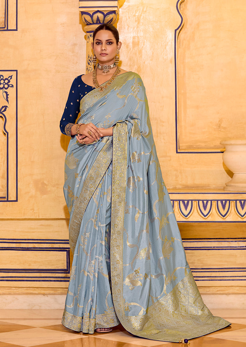 Monjolika Fashion Light Blue Faux Crepe Silk with beautiful Zari Weaving Work Classic Saree