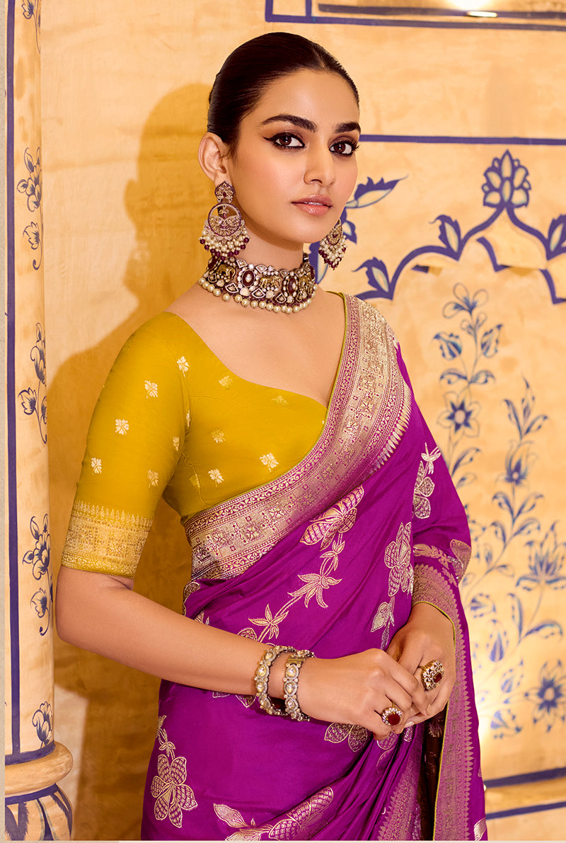 Monjolika Fashion Magenta Faux Crepe Silk with beautiful Zari Weaving Work Classic Saree