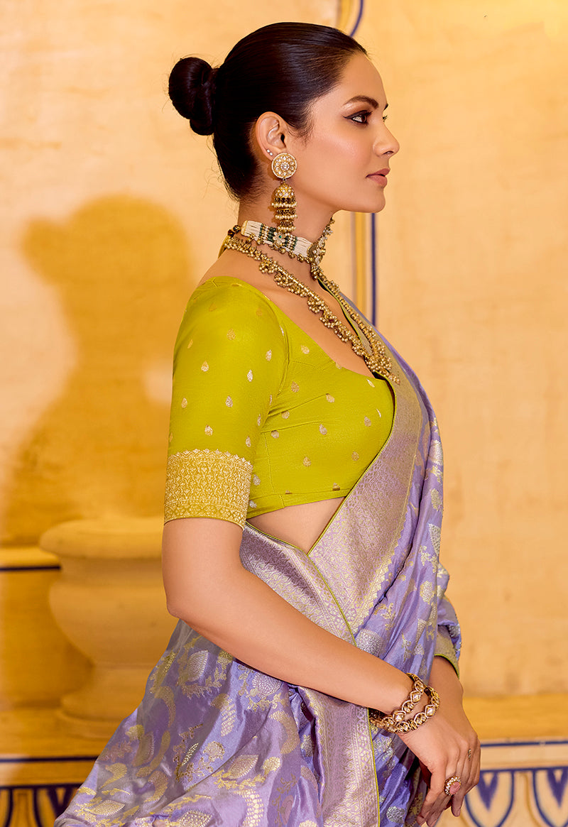 Monjolika Fashion Lavender Faux Crepe Silk with beautiful Zari Weaving Work Classic Saree