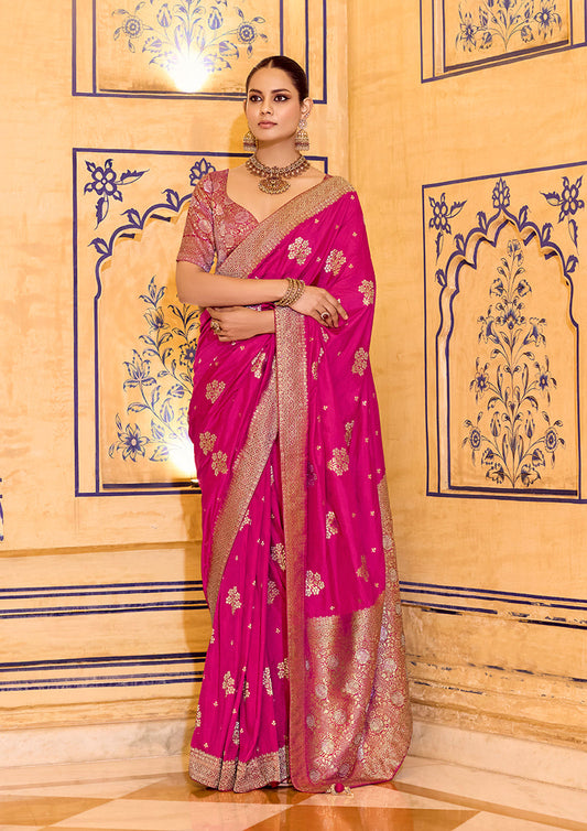 Monjolika Fashion Rani Pink Faux Crepe Silk with beautiful Zari Weaving Work Classic Saree