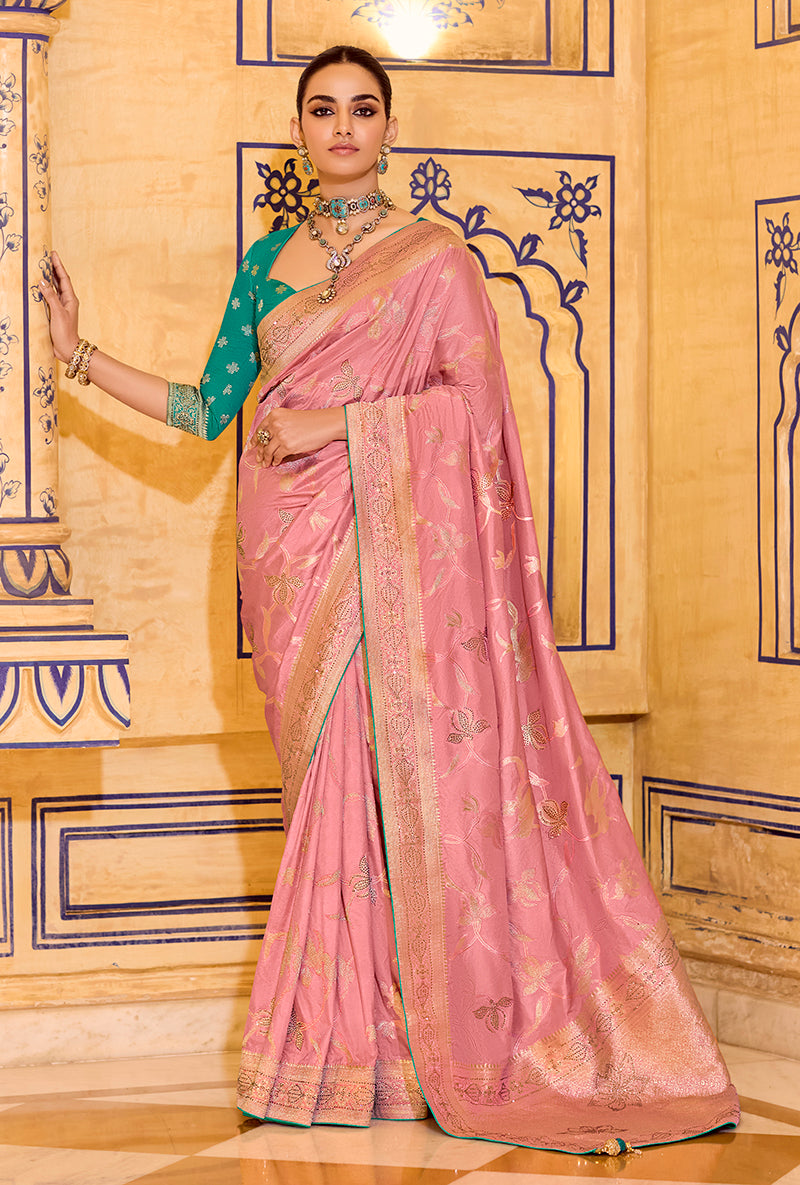 Monjolika Fashion Baby Pink Faux Crepe Silk with beautiful Zari Weaving Work Classic Saree