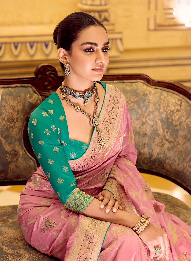 Monjolika Fashion Baby Pink Faux Crepe Silk with beautiful Zari Weaving Work Classic Saree