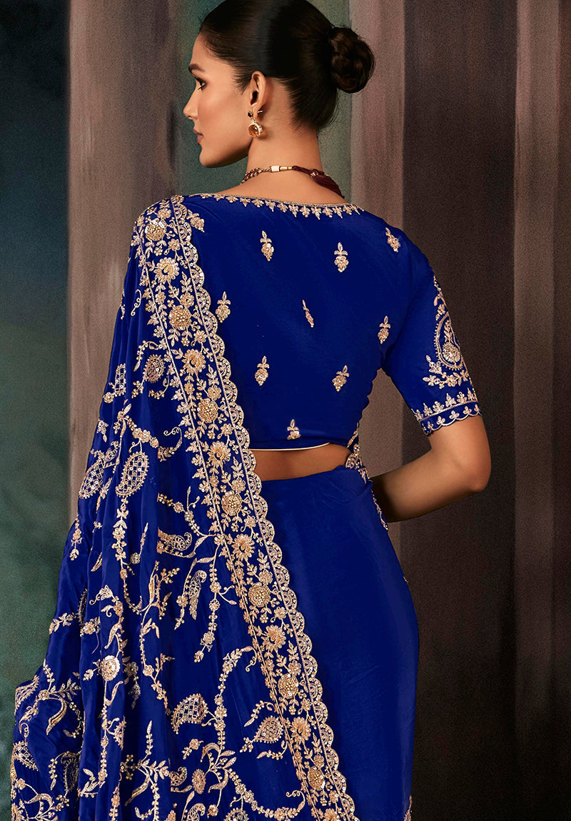 Monjolika Fashion Royal Blue Faux Crepe Embroidery Bridal Reception Festival Wedding Wear Heavy Border Saree