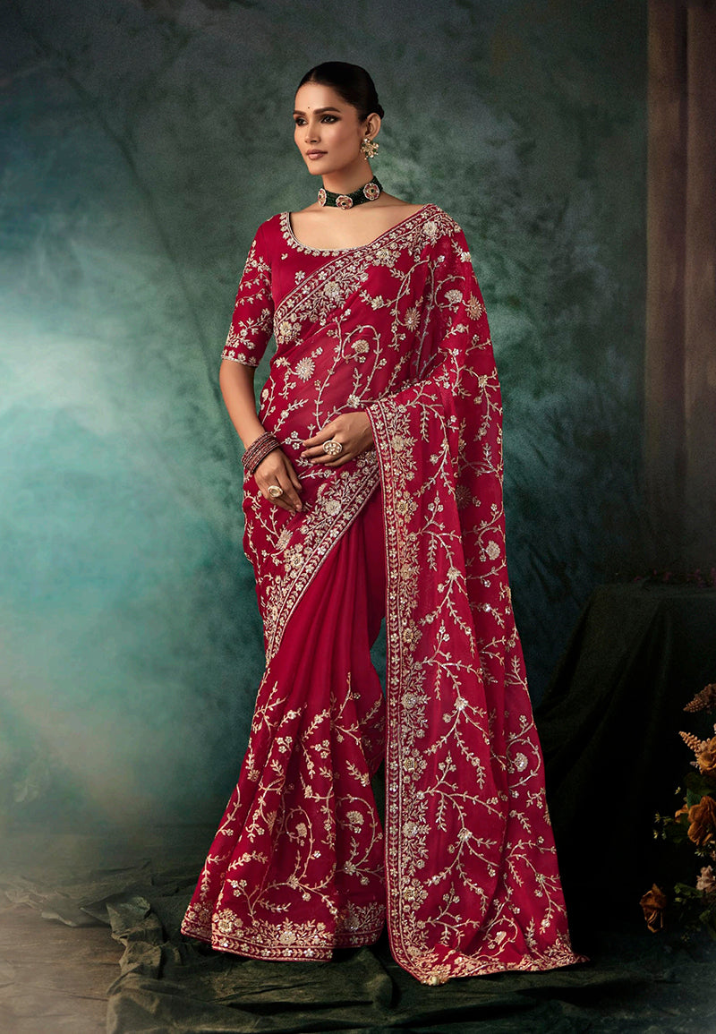 Monjolika Fashion Burgundy Faux Crepe Embroidery Bridal Reception Festival Wedding Wear Heavy Border Saree