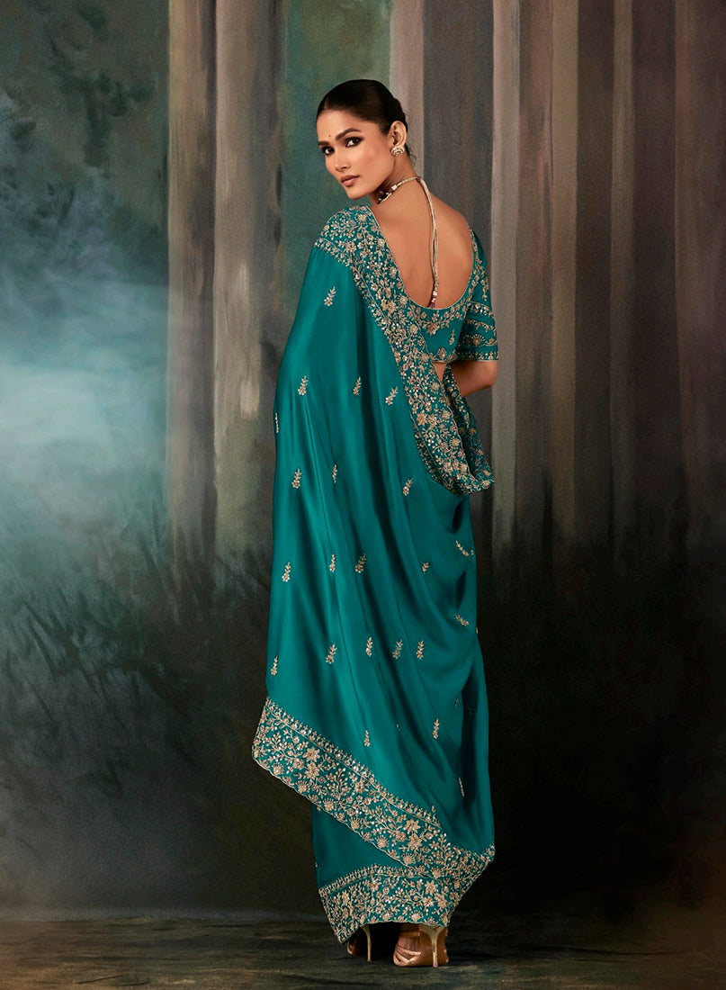 Monjolika Fashion Teal Faux Satin Embroidery Bridal Reception Festival Wedding Wear Heavy Border Saree