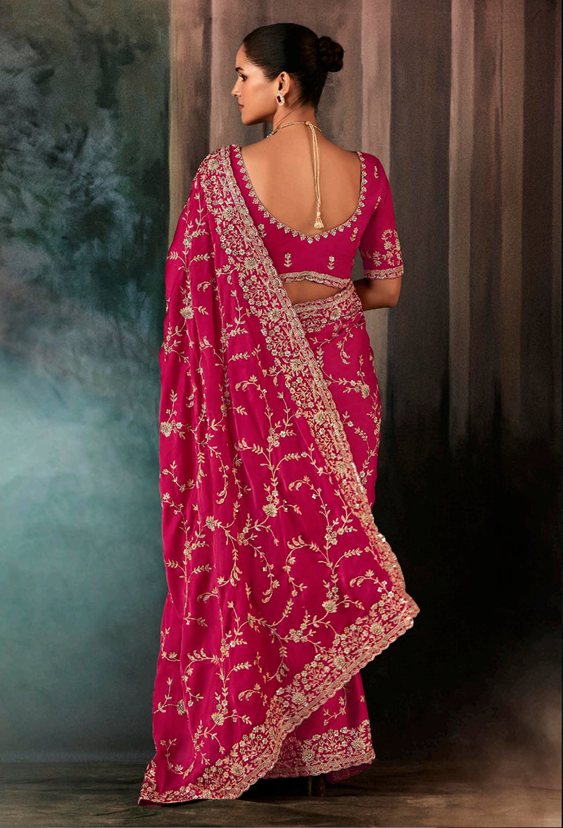 Monjolika Fashion Rani Pink Faux Satin Embroidery Bridal Reception Festival Wedding Wear Heavy Border Saree