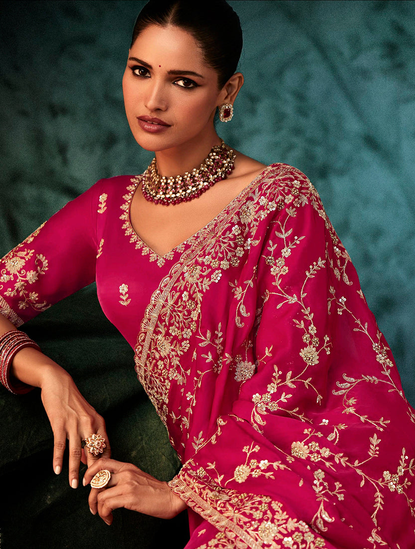 Monjolika Fashion Rani Pink Faux Satin Embroidery Bridal Reception Festival Wedding Wear Heavy Border Saree