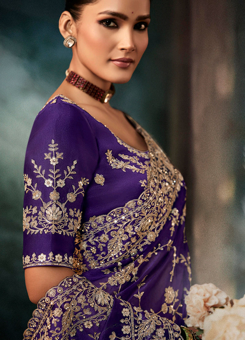 Monjolika Fashion Purple Faux Crepe Embroidery Bridal Reception Festival Wedding Wear Heavy Border Saree