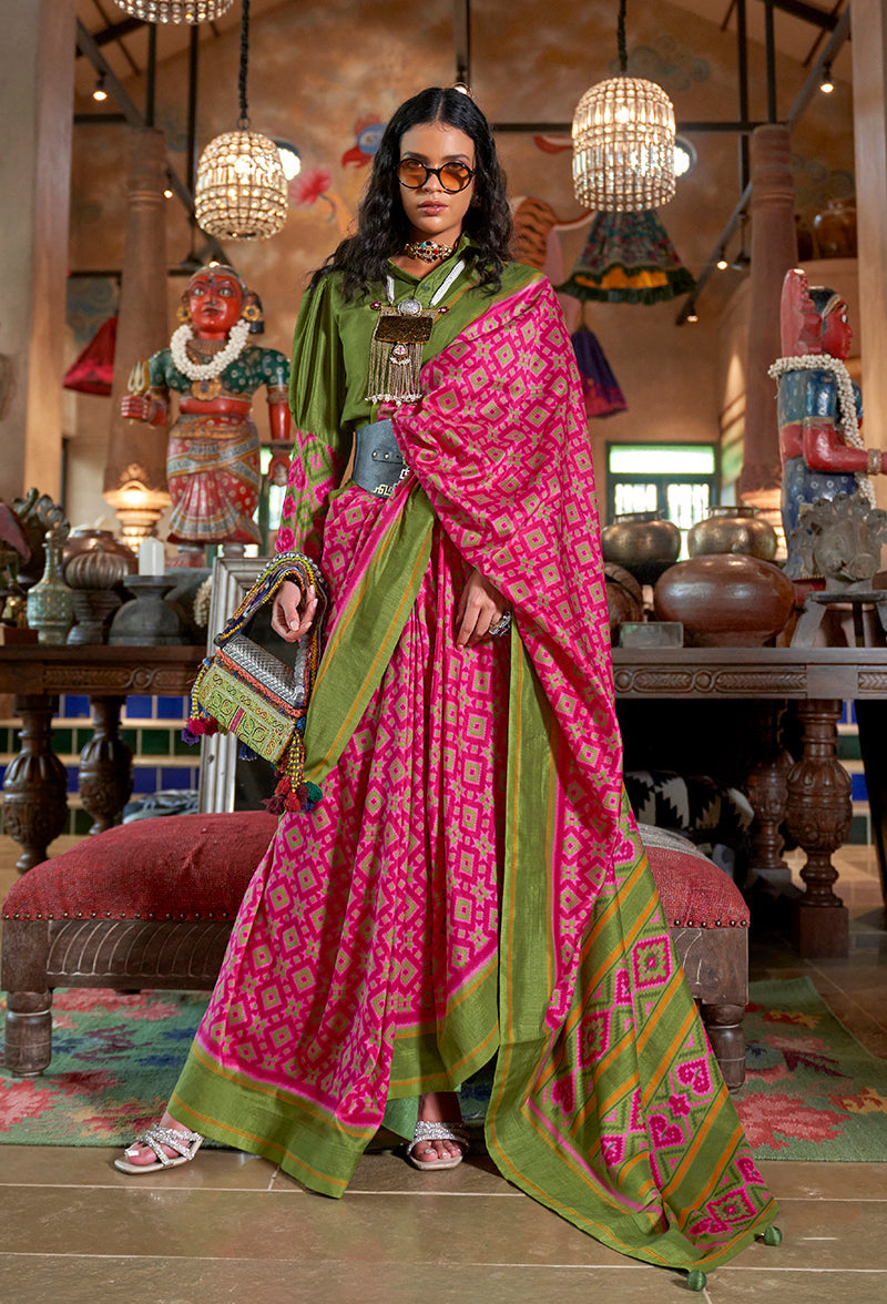 Monjolika Fashion Rani Pink and Green Silk Blend Ikat Print Work Contemporary Saree
