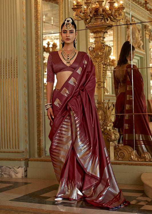 Monjolika Fashion Maroon Weaving Work Silk Blend Classic Saree