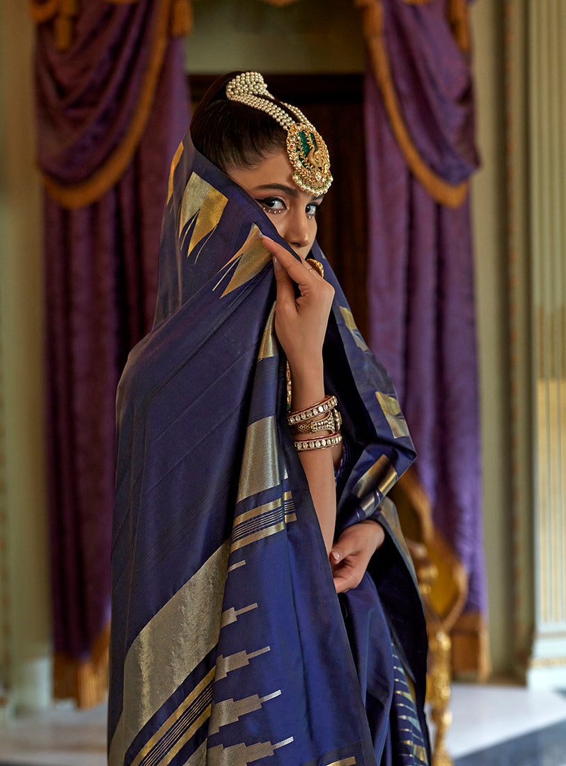 Monjolika Fashion Navy Blue Weaving Work Silk Blend Classic Saree