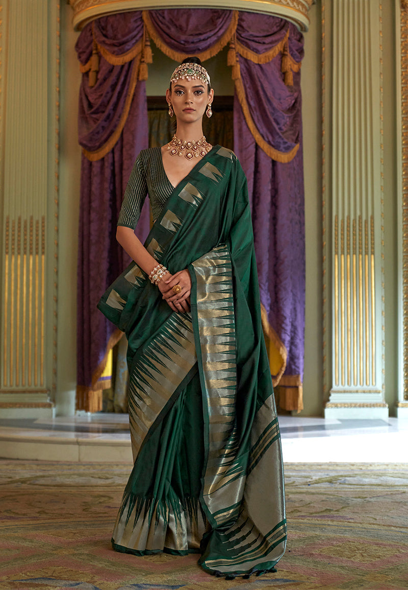 Monjolika Fashion Bottle Green Weaving Work Silk Blend Classic Saree