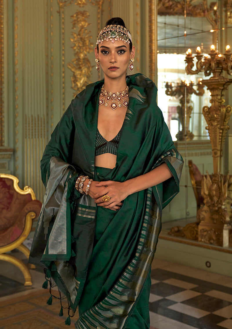 Monjolika Fashion Bottle Green Weaving Work Silk Blend Classic Saree
