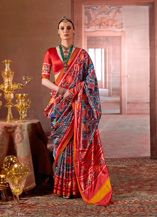 Monjolika Fashion Teal Silk Blend Patola Print Saree with Red Blouse