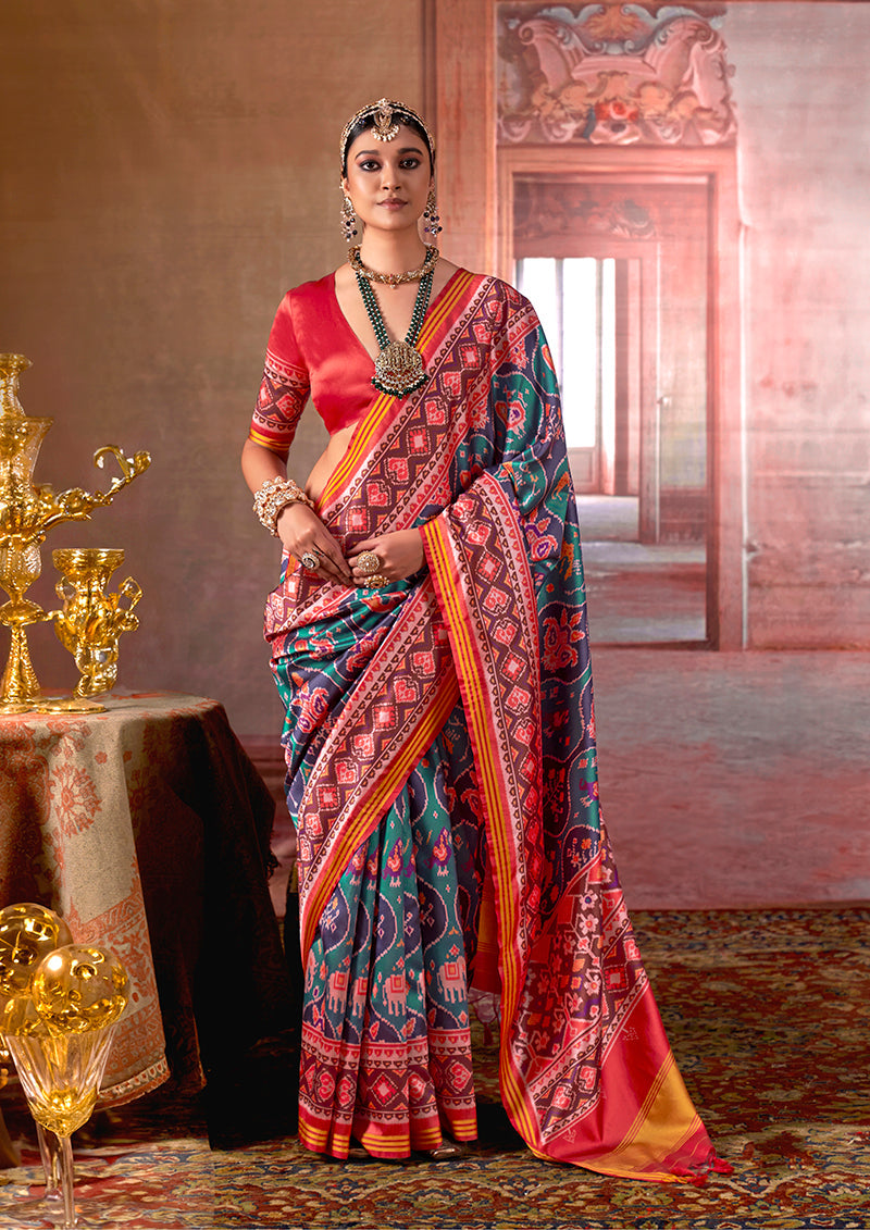 Monjolika Fashion Multicolor Silk Blend Patola Print Saree for Wedding & Festive Wear