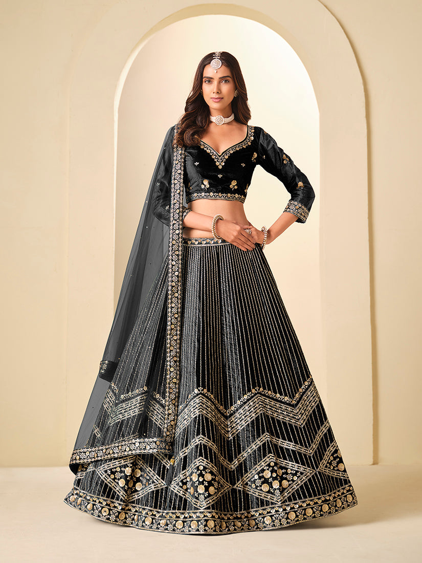 Monjolika Fashion Black Velvet Embroidered Sequins Work A Line Lehenga Choli 