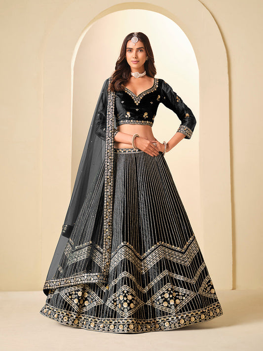 Monjolika Fashion Black Velvet Embroidered Sequins Work A Line Lehenga Choli