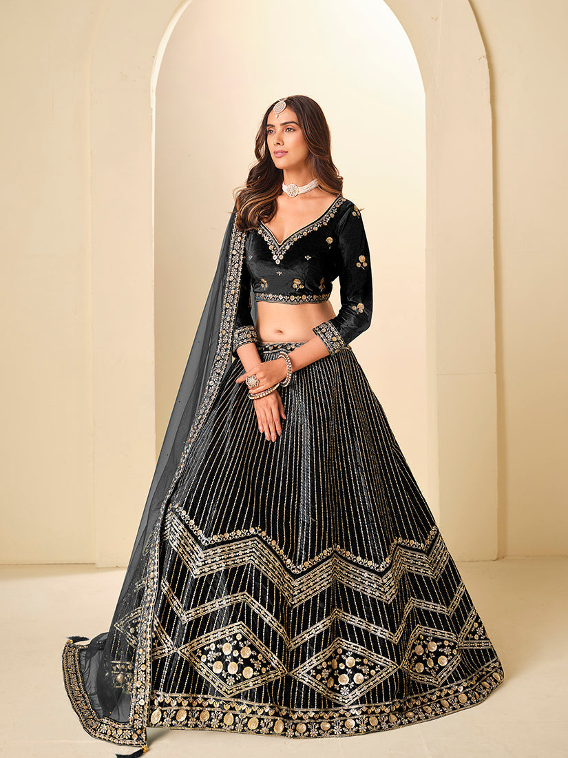 Monjolika Fashion Black Velvet Embroidered Sequins Work A Line Lehenga Choli 