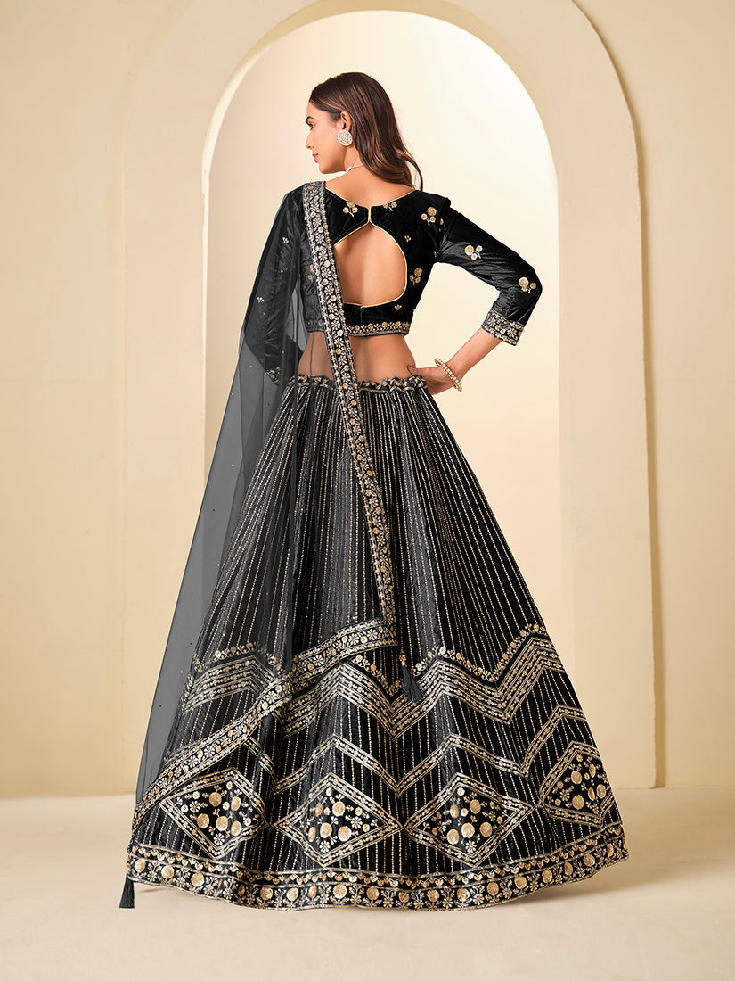 Monjolika Fashion Black Velvet Embroidered Sequins Work A Line Lehenga Choli 