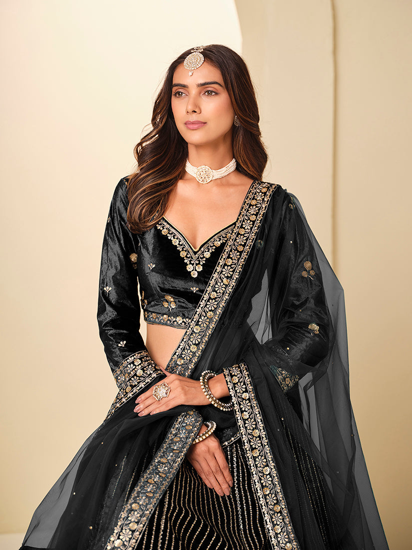 Monjolika Fashion Black Velvet Embroidered Sequins Work A Line Lehenga Choli 