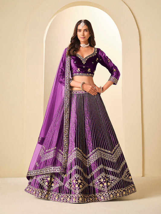Monjolika Fashion Purple Velvet Embroidered Sequins Work A Line Lehenga Choli