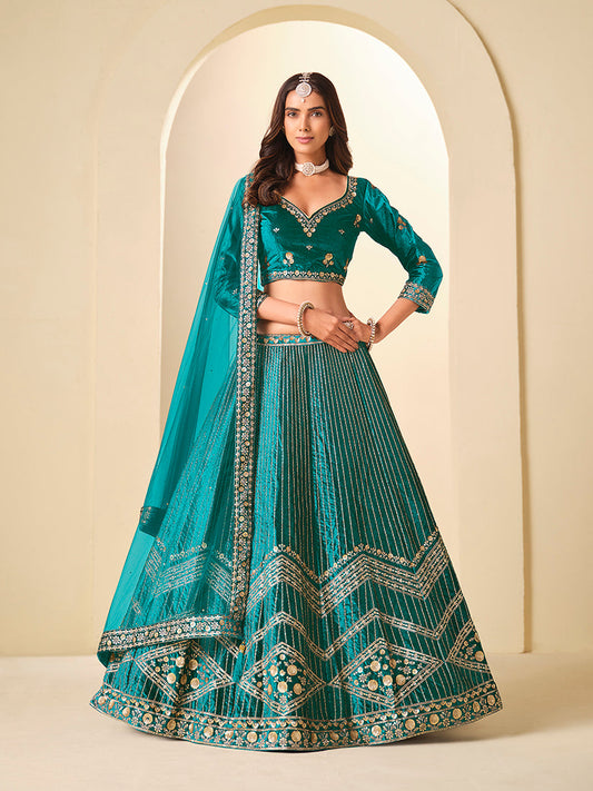 Monjolika Fashion Teal Velvet Embroidered Sequins Work A Line Lehenga Choli