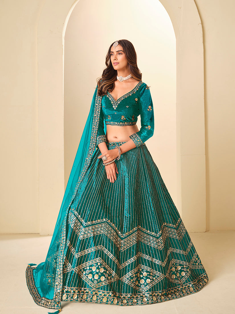 Monjolika Fashion Teal Velvet Embroidered Sequins Work A Line Lehenga Choli 
