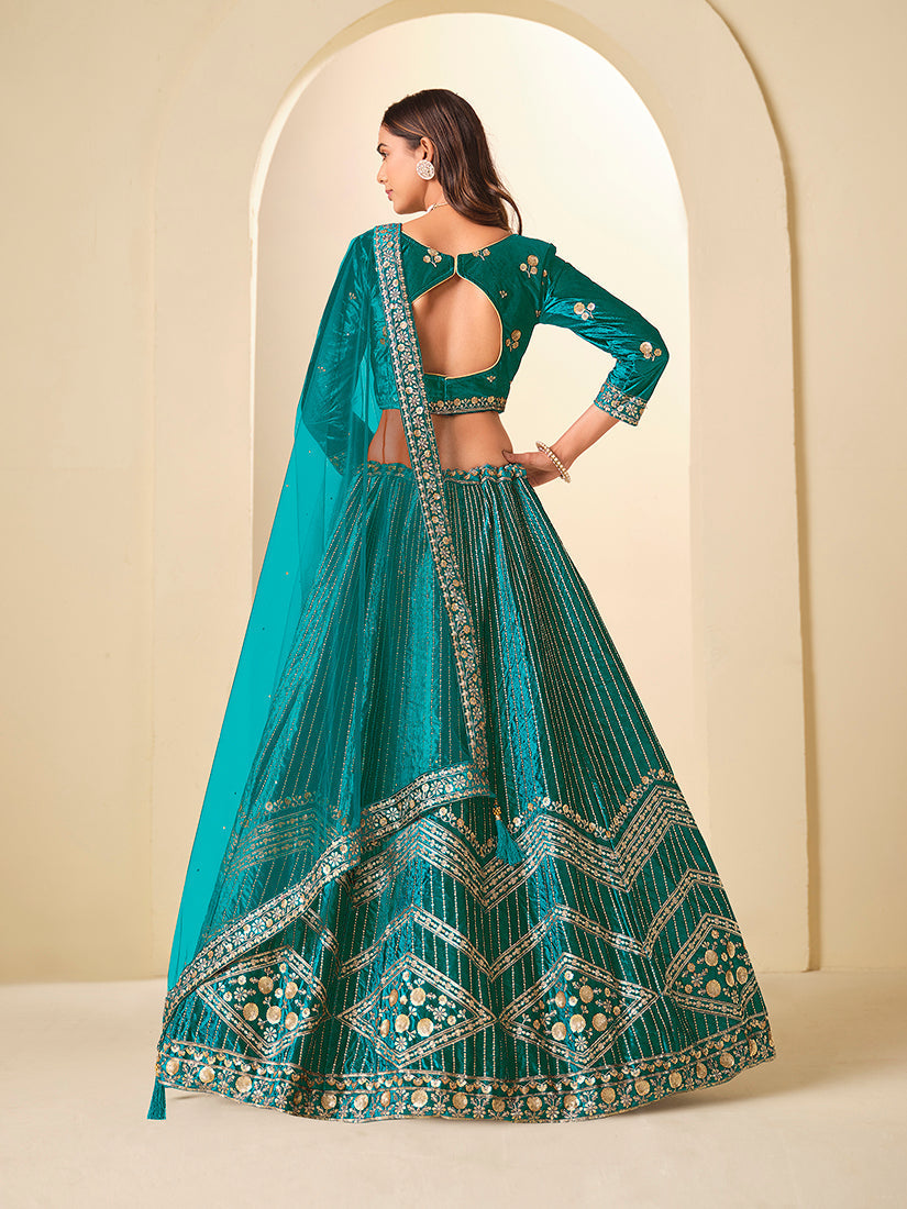 Monjolika Fashion Teal Velvet Embroidered Sequins Work A Line Lehenga Choli 