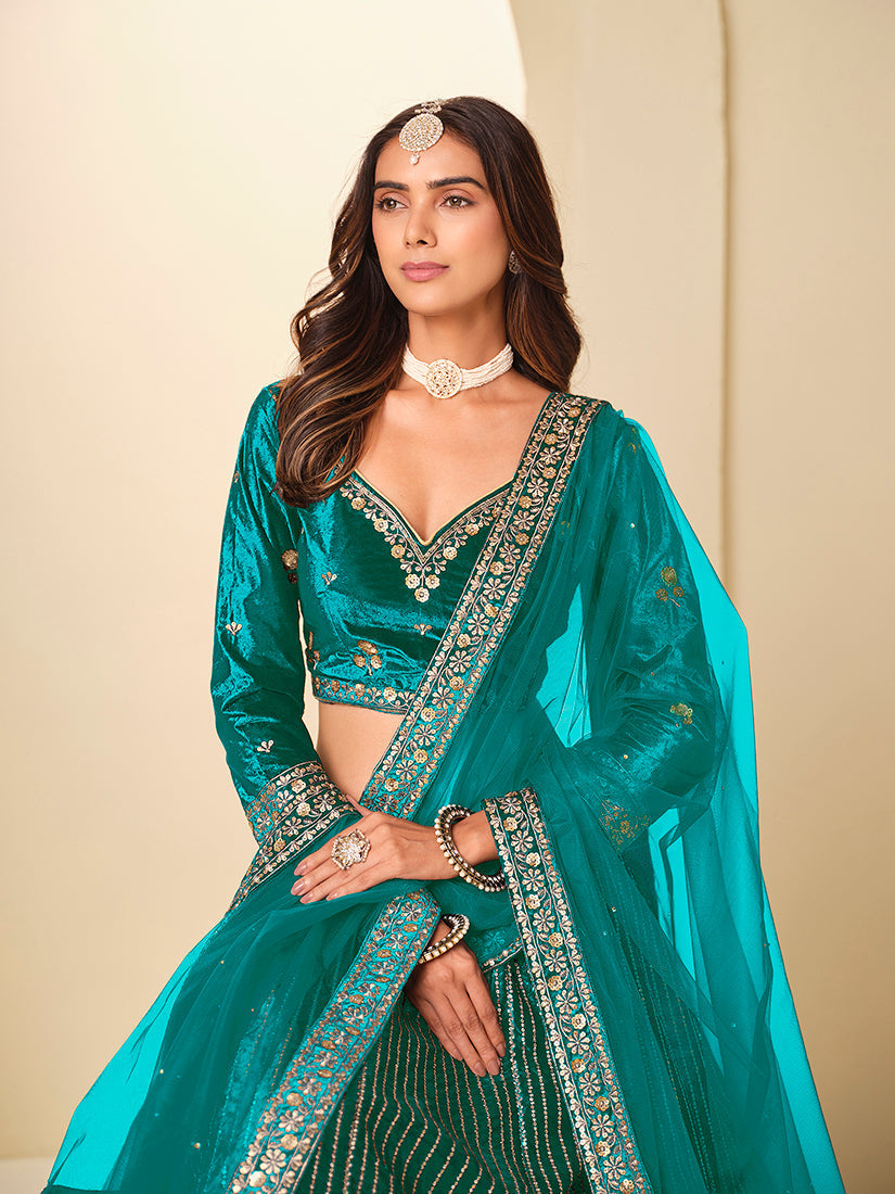 Monjolika Fashion Teal Velvet Embroidered Sequins Work A Line Lehenga Choli 