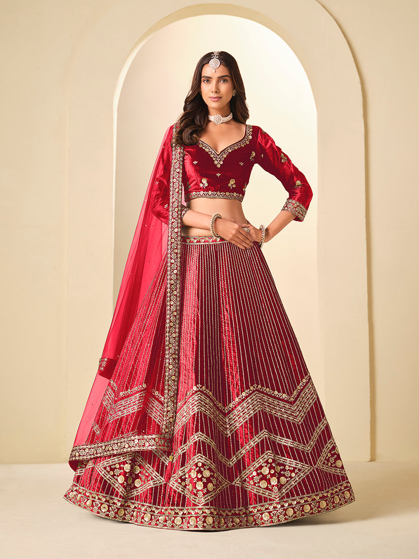 Monjolika Fashion Maroon Velvet Embroidered Sequins Work A Line Lehenga Choli | Grab2Buy