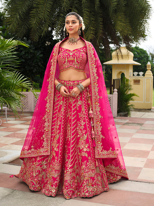 Monjolika Fashion Rani Pink Khatli Embroidered Silk Blend Bridal Lehenga Choli