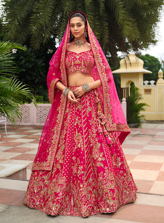 Monjolika Fashion Rani Pink Khatli Embroidered Silk Blend Bridal Lehenga Choli