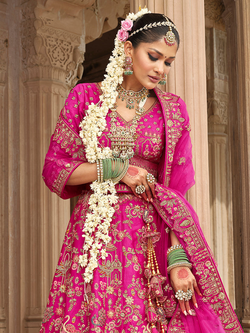 Monjolika Fashion Magenta Pink Khatli Embroidered Silk Blend Bridal Lehenga Choli 