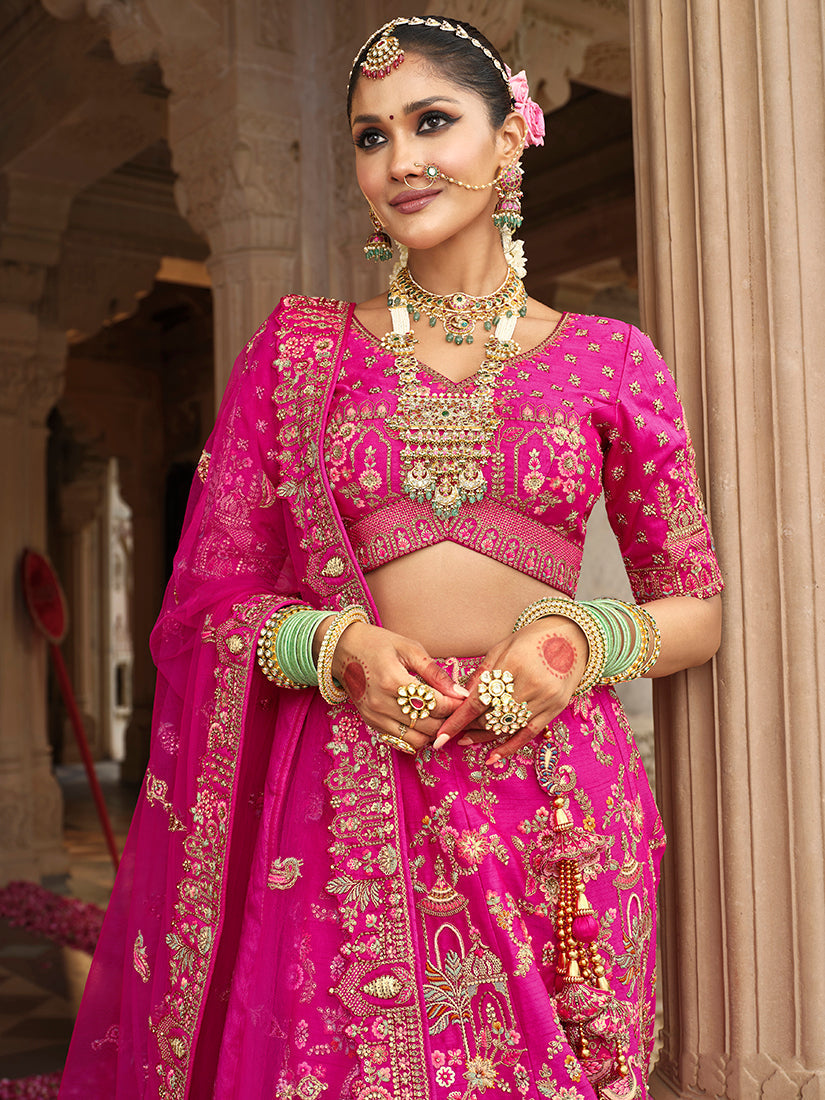 Monjolika Fashion Magenta Pink Khatli Embroidered Silk Blend Bridal Lehenga Choli 