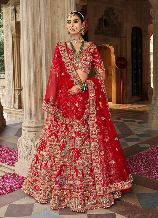 Monjolika Fashion Red Khatli Embroidered Silk Blend Bridal Lehenga Choli