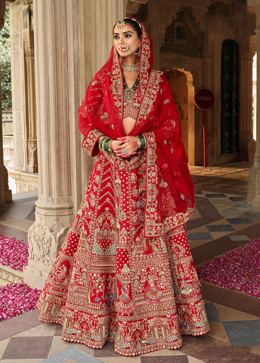 Monjolika Fashion Red Khatli Embroidered Silk Blend Bridal Lehenga Choli