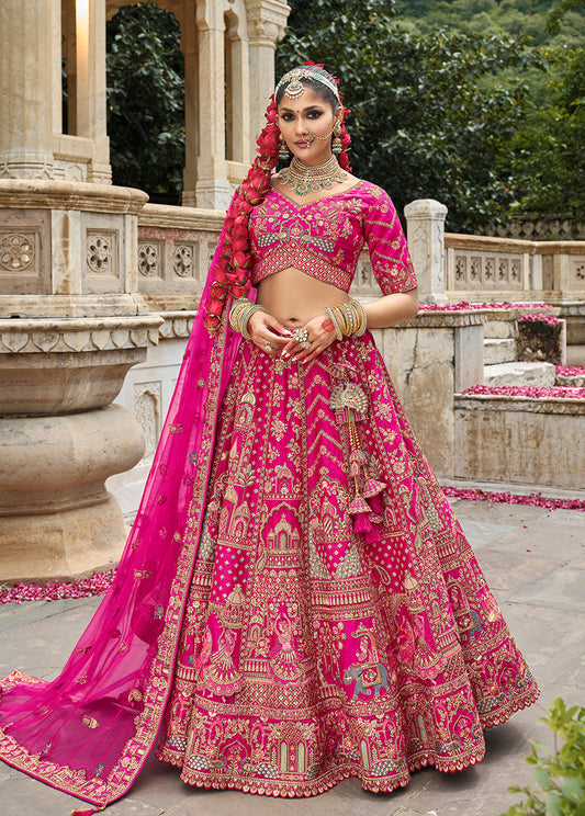 Monjolika Fashion Rani Pink Khatli Embroidered Silk Blend Bridal Lehenga Choli