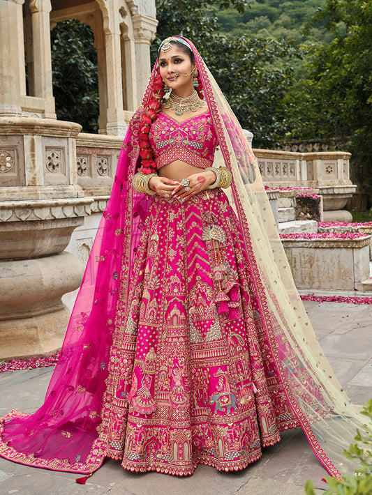 Monjolika Fashion Rani Pink Khatli Embroidered Silk Blend Bridal Lehenga Choli