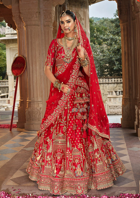 Monjolika Fashion Red Khatli Embroidered Silk Blend Bridal Lehenga Choli