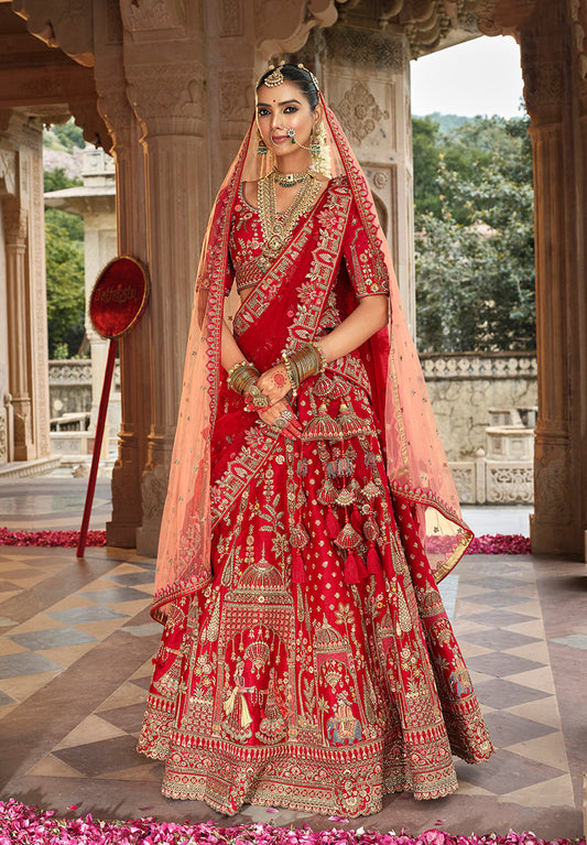 Monjolika Fashion Red Khatli Embroidered Silk Blend Bridal Lehenga Choli
