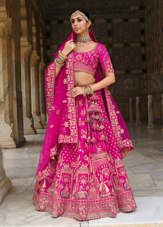 Monjolika Fashion Magenta Pink Khatli Embroidered Silk Blend Bridal Lehenga Choli