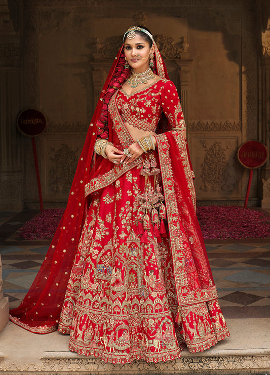 Monjolika Fashion Red Khatli Embroidered Silk Blend Bridal Lehenga Choli