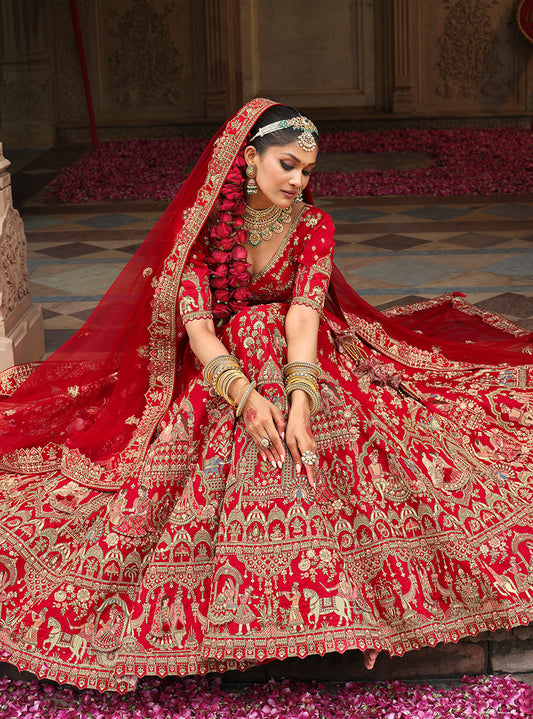 Monjolika Fashion Red Khatli Embroidered Silk Blend Bridal Lehenga Choli