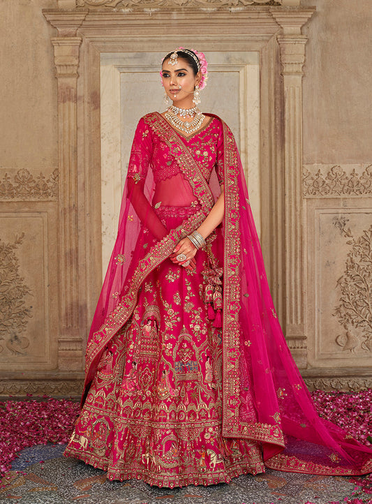 Monjolika Fashion Rani Pink Khatli Embroidered Silk Blend Bridal Lehenga Choli