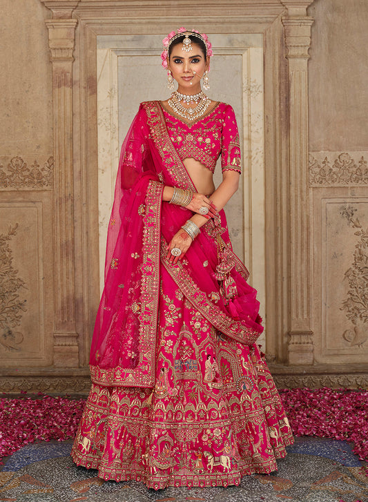 Monjolika Fashion Rani Pink Khatli Embroidered Silk Blend Bridal Lehenga Choli