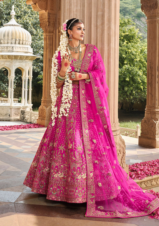 Monjolika Fashion Magenta Pink Khatli Embroidered Silk Blend Bridal Lehenga Choli