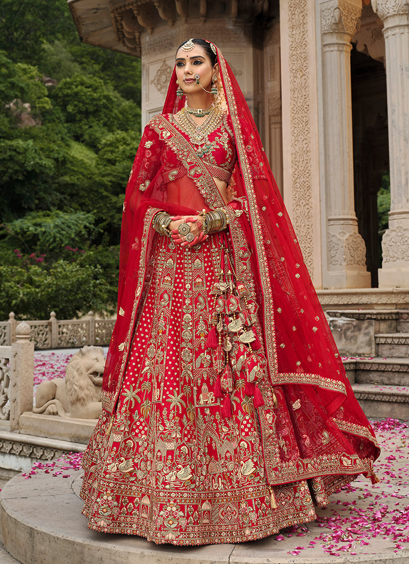 Monjolika Fashion Red Khatli Embroidered Silk Blend Bridal Lehenga Choli 