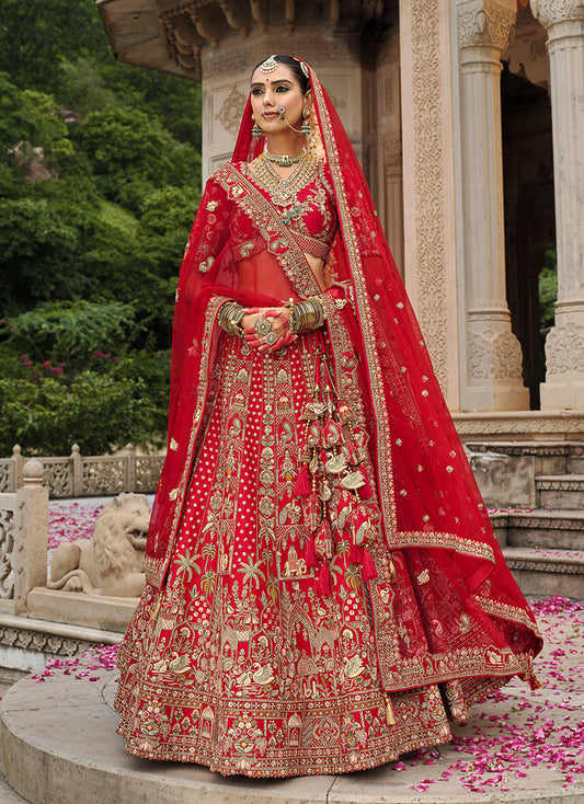 Monjolika Fashion Red Khatli Embroidered Silk Blend Bridal Lehenga Choli